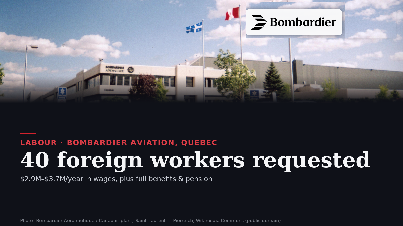 Photo of the Bombardier Aéronautique / Canadair plant in Saint-Laurent, Quebec, with Quebec and Canadian flags flying, overlaid with the stat "40 foreign workers requested" and their estimated 2.9 to 3.7 million dollars annual wage value