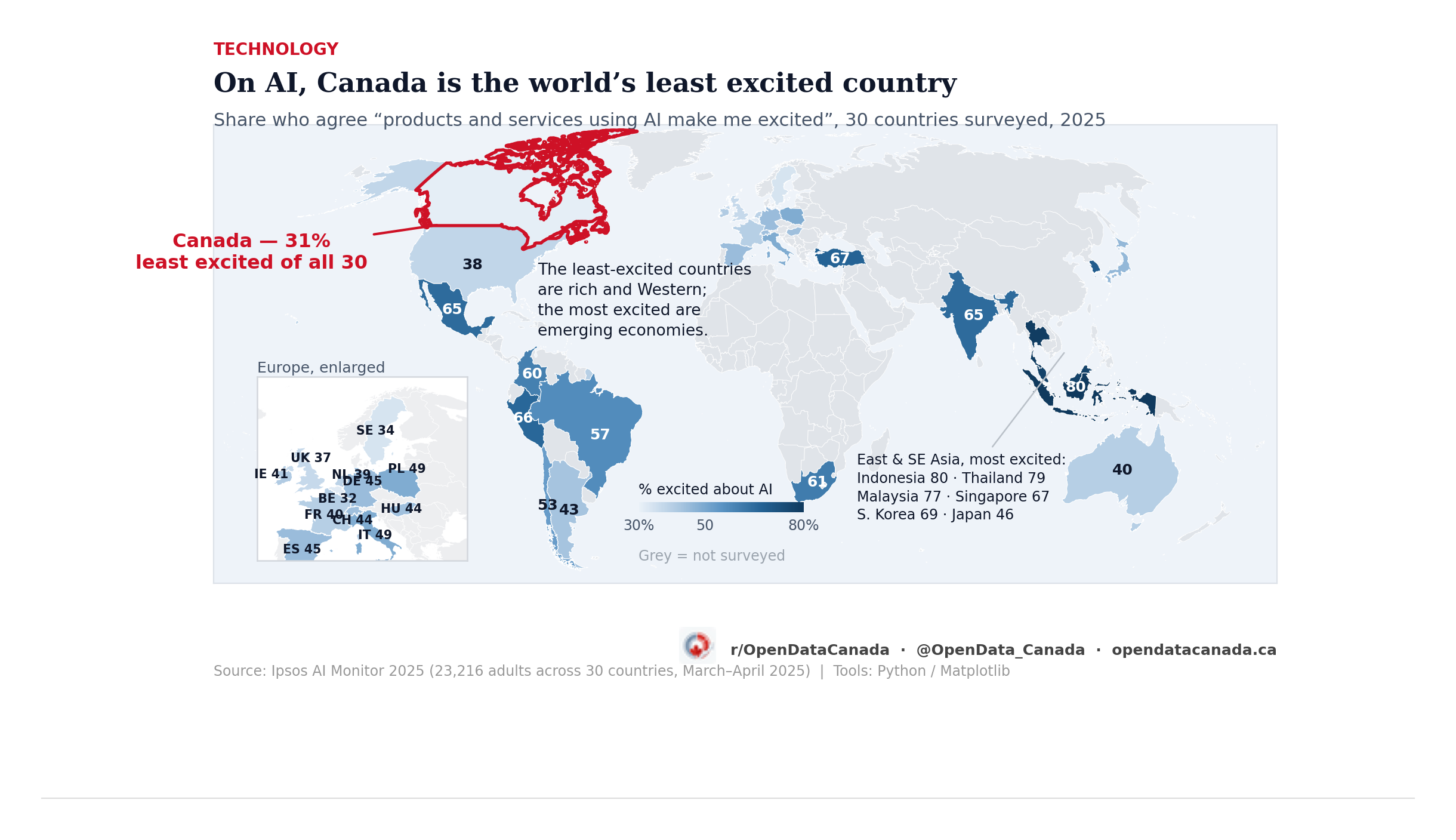 World map shading 30 countries by the share who say AI products and services make them excited, 2025. Canada is highlighted as the lowest at 31 per cent; the most enthusiastic countries are emerging economies such as Indonesia at 80 per cent, while the gloomiest are rich and Western.
