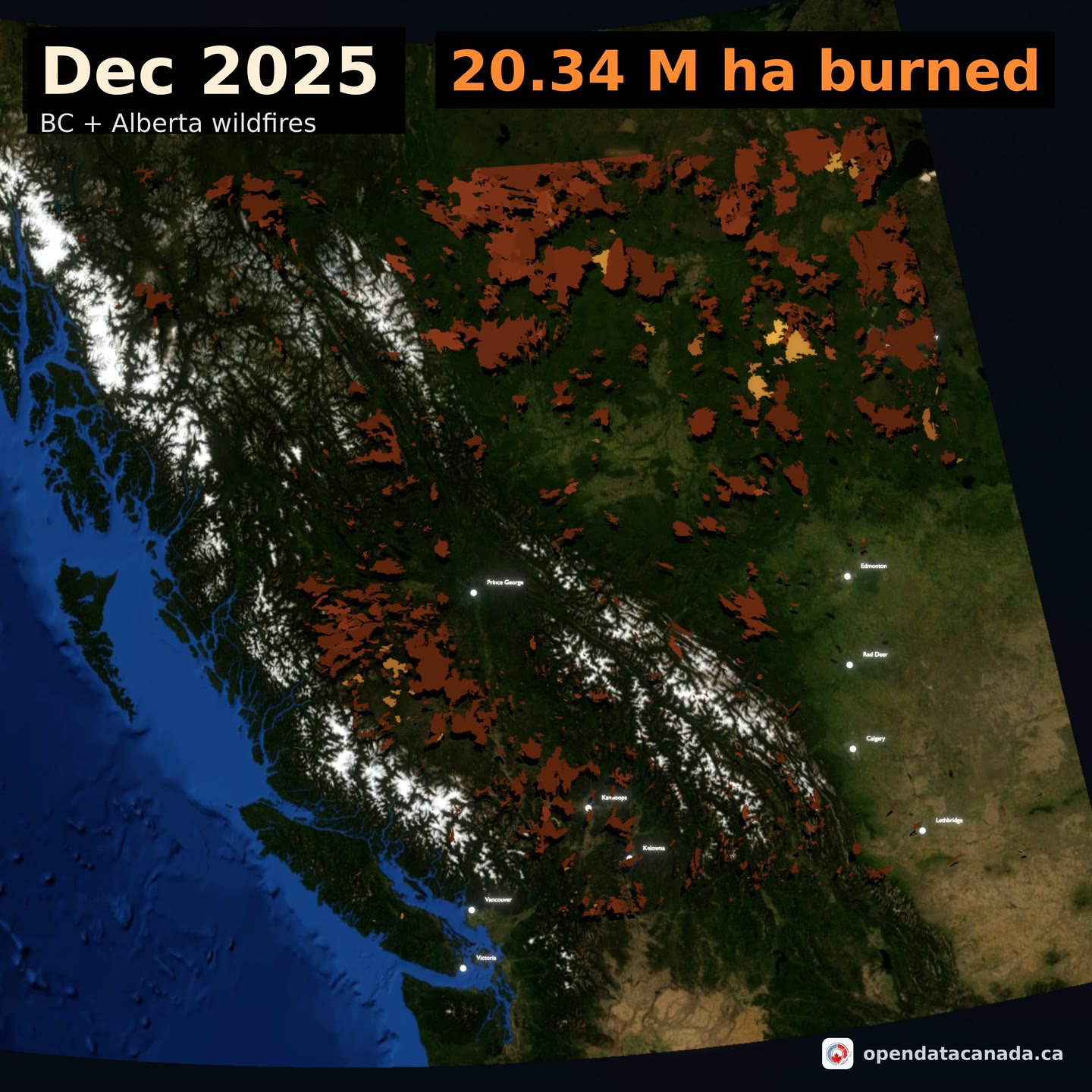 Satellite map animation of BC and Alberta wildfires from 2000 to 2025