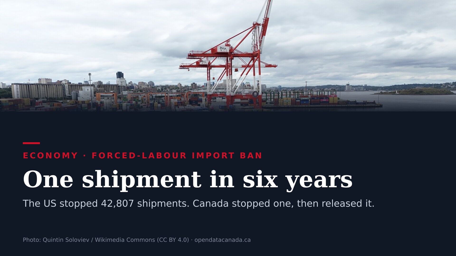 Containers at the Port of Halifax under the headline "One shipment in six years"