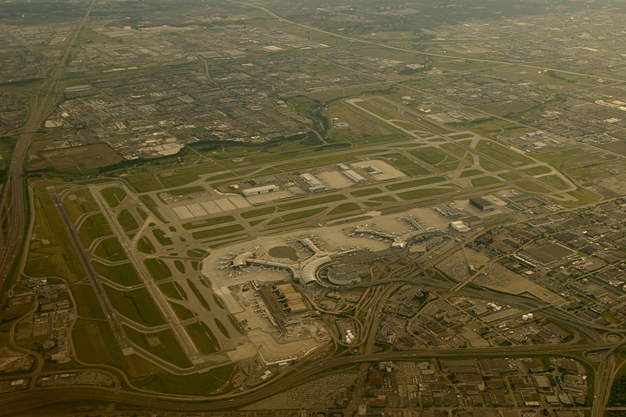 Aerial view of Toronto Pearson International Airport, Canada's largest port of arrival for new permanent residents.